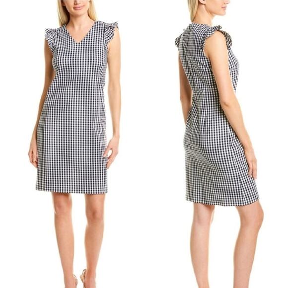 J. MCLAUGHLIN Joselyn Dress Gingham Navy Blue Shift Ruffle Sleeve Size 0 NWT - Picture 1 of 14